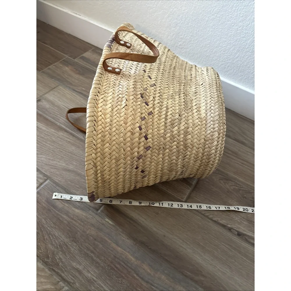 Handmade Woven Straw Market Basket with Brown Leather Handles Beach Shopping